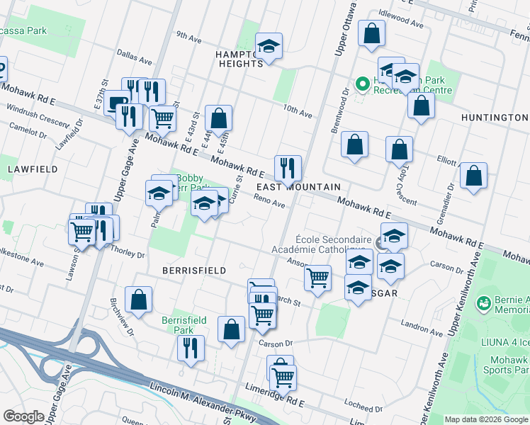 map of restaurants, bars, coffee shops, grocery stores, and more near 14 Lorraine Drive in Hamilton