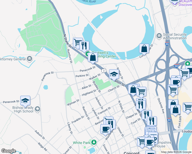 map of restaurants, bars, coffee shops, grocery stores, and more near 15 Walker Street in Concord