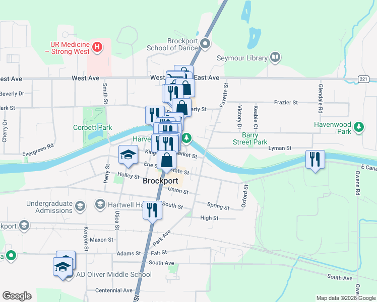 map of restaurants, bars, coffee shops, grocery stores, and more near 43 Market Street in Brockport