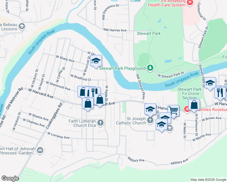 map of restaurants, bars, coffee shops, grocery stores, and more near 462 West Myrtlewood Court in Roseburg