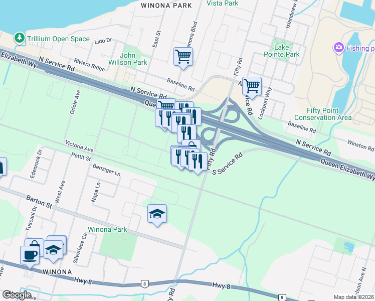 map of restaurants, bars, coffee shops, grocery stores, and more near 1356 South Service Road in Hamilton