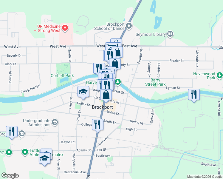 map of restaurants, bars, coffee shops, grocery stores, and more near 17 Market Street in Brockport
