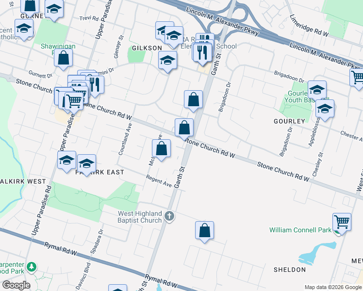 map of restaurants, bars, coffee shops, grocery stores, and more near 445 Stone Church Road West in Hamilton