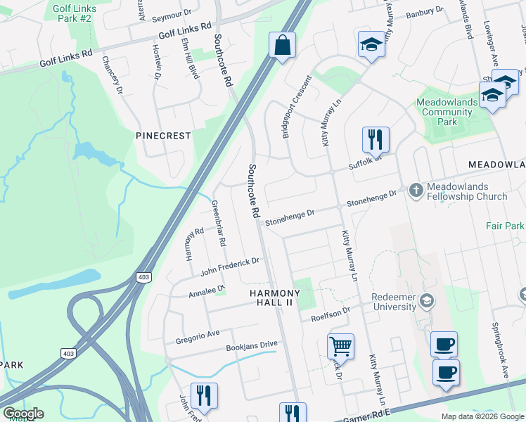 map of restaurants, bars, coffee shops, grocery stores, and more near 264 Southcote Road in Hamilton