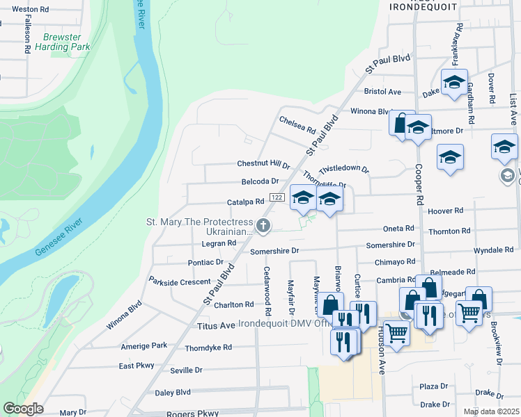 map of restaurants, bars, coffee shops, grocery stores, and more near 3227 Saint Paul Boulevard in Irondequoit