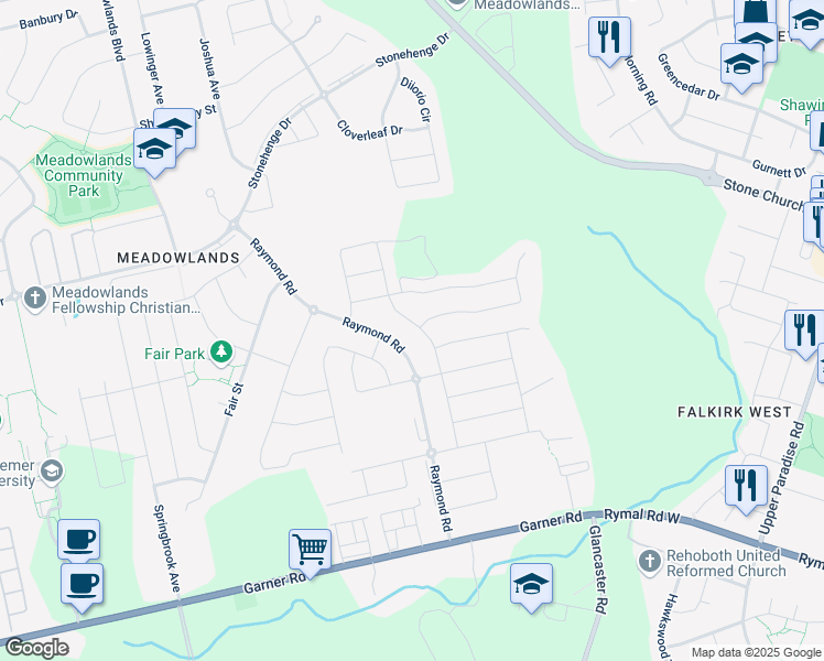 map of restaurants, bars, coffee shops, grocery stores, and more near 36 Grandell Drive in Hamilton