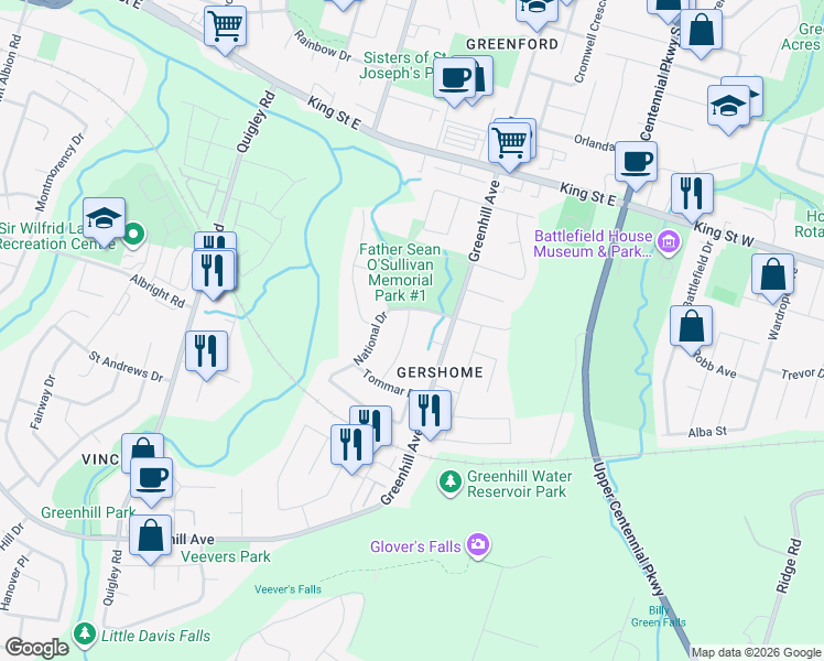 map of restaurants, bars, coffee shops, grocery stores, and more near 15 Ellen Avenue in Hamilton