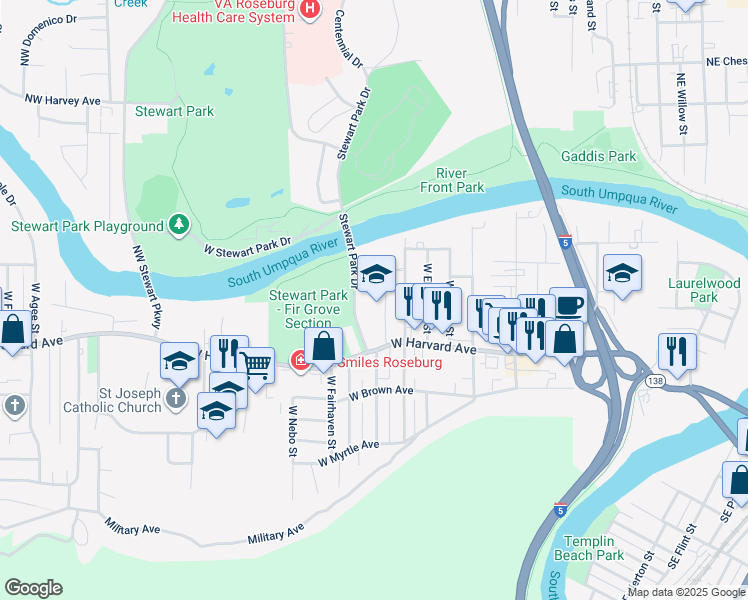 map of restaurants, bars, coffee shops, grocery stores, and more near 1360 West Harvard Avenue in Roseburg