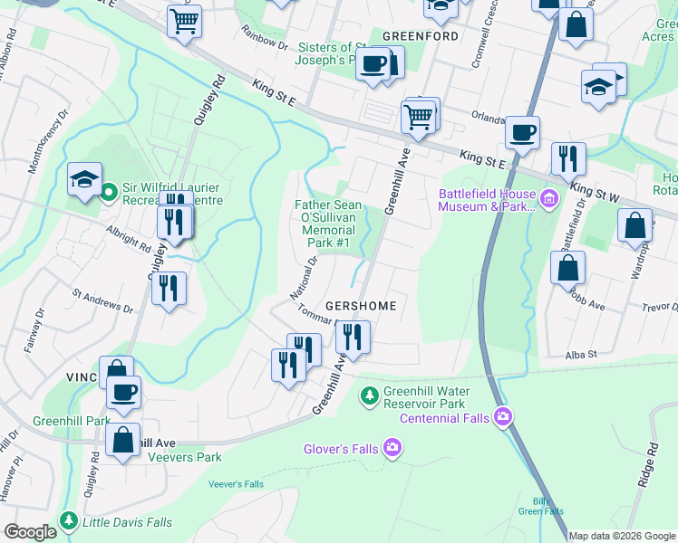 map of restaurants, bars, coffee shops, grocery stores, and more near 31 Ellen Avenue in Hamilton