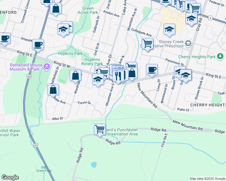 map of restaurants, bars, coffee shops, grocery stores, and more near 17 Mountain Avenue South in Hamilton