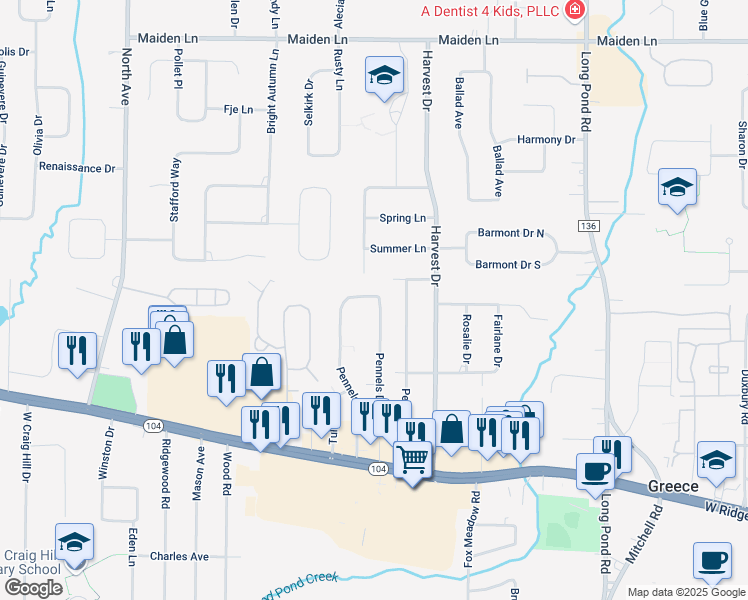 map of restaurants, bars, coffee shops, grocery stores, and more near 66-126 Pennels Drive in Rochester