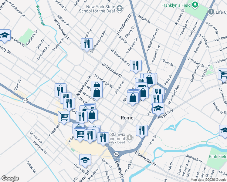 map of restaurants, bars, coffee shops, grocery stores, and more near 313 Scott Avenue in Rome