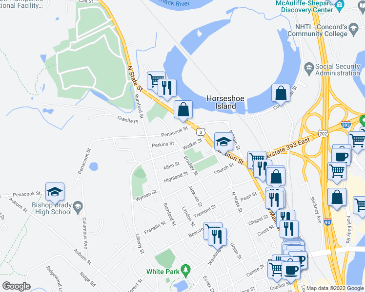 map of restaurants, bars, coffee shops, grocery stores, and more near 29 Walker Street in Concord