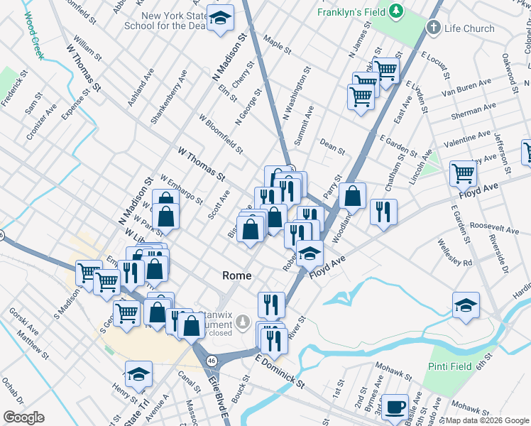 map of restaurants, bars, coffee shops, grocery stores, and more near 407 North James Street in Rome