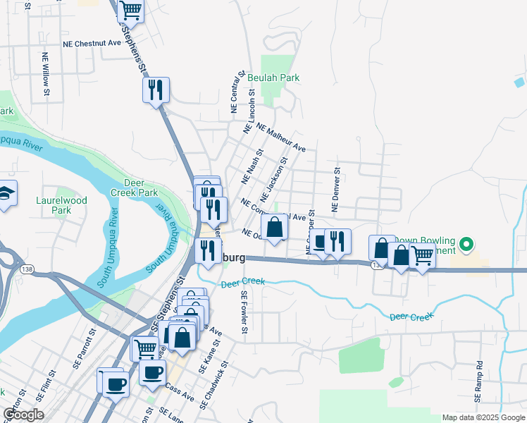 map of restaurants, bars, coffee shops, grocery stores, and more near 444 Northeast Atlanta Street in Roseburg