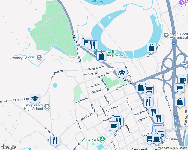 map of restaurants, bars, coffee shops, grocery stores, and more near 29 Walker Street in Concord