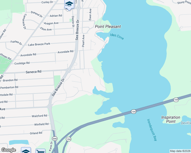 map of restaurants, bars, coffee shops, grocery stores, and more near 625 Seneca Road in Rochester