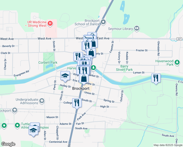 map of restaurants, bars, coffee shops, grocery stores, and more near 38 Market Street in Brockport