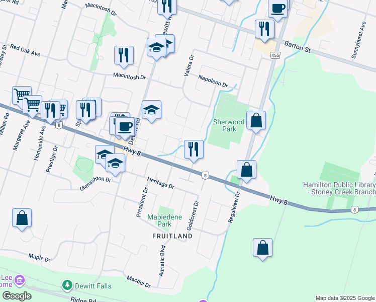 map of restaurants, bars, coffee shops, grocery stores, and more near 2 Royalwood Court in Hamilton