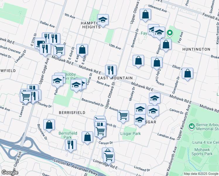 map of restaurants, bars, coffee shops, grocery stores, and more near 856 Upper Ottawa Street in Hamilton