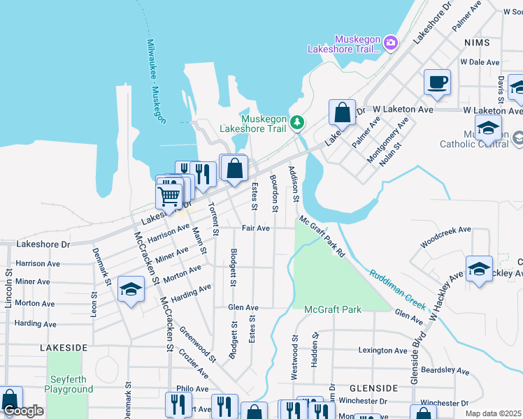 map of restaurants, bars, coffee shops, grocery stores, and more near 2090 Estes Street in Muskegon