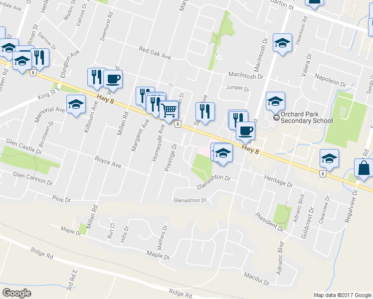 map of restaurants, bars, coffee shops, grocery stores, and more near 51 Dynasty Place in Hamilton