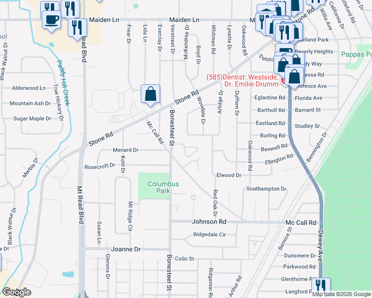 map of restaurants, bars, coffee shops, grocery stores, and more near 41 Lillian Lane in Rochester