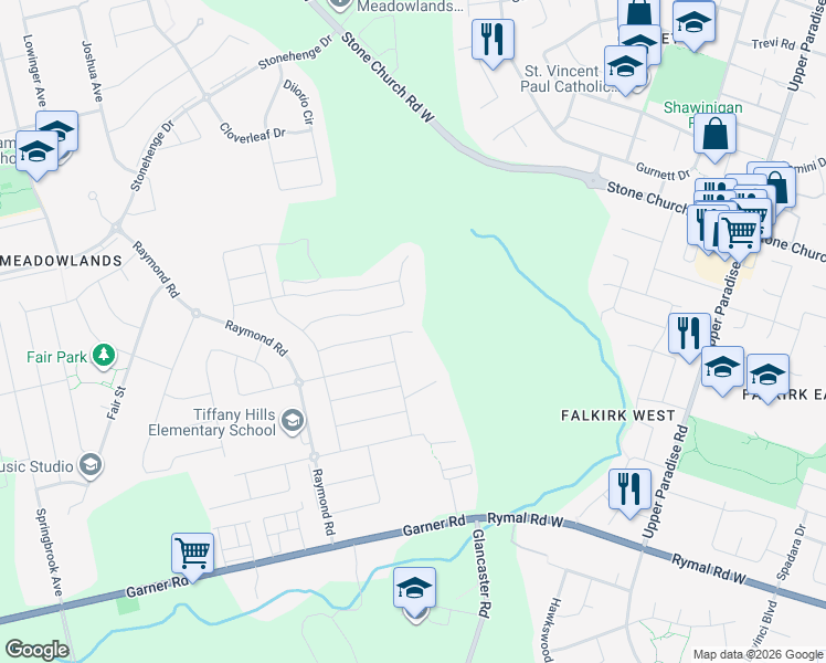 map of restaurants, bars, coffee shops, grocery stores, and more near 4 Lightfeather Place in Hamilton