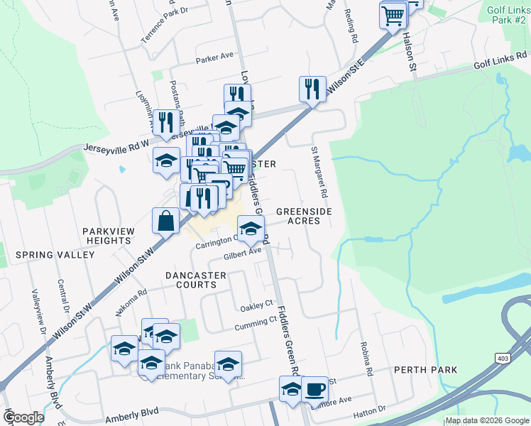 map of restaurants, bars, coffee shops, grocery stores, and more near 121 Fiddlers Green Road in Hamilton