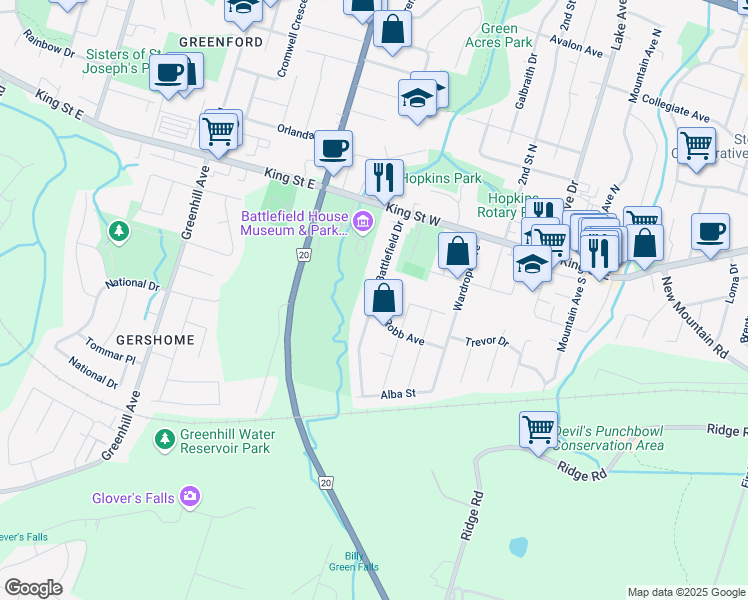 map of restaurants, bars, coffee shops, grocery stores, and more near 26 Battlefield Dr in Stoney Creek