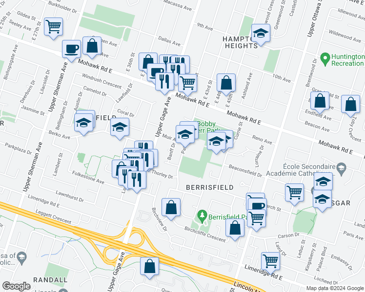 map of restaurants, bars, coffee shops, grocery stores, and more near 70 Palmer Road in Hamilton