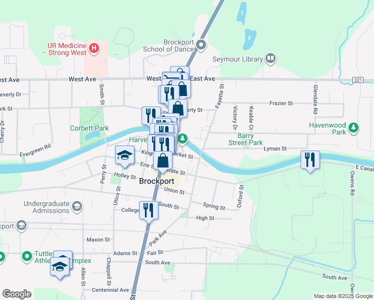 map of restaurants, bars, coffee shops, grocery stores, and more near 13 Water Street in Brockport