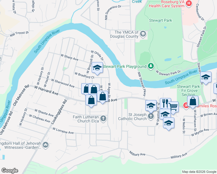map of restaurants, bars, coffee shops, grocery stores, and more near 440 West Agee Street in Roseburg