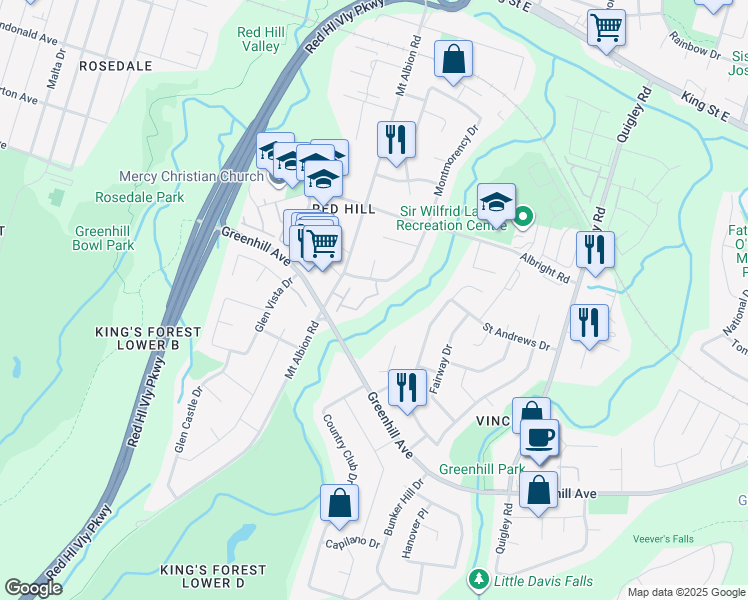 map of restaurants, bars, coffee shops, grocery stores, and more near 255 Mount Albion Road in Hamilton