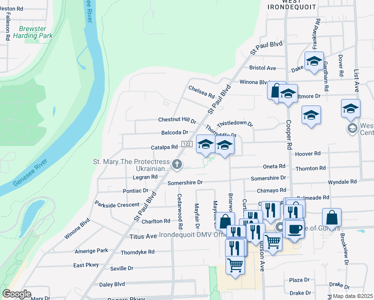 map of restaurants, bars, coffee shops, grocery stores, and more near 3254 Saint Paul Boulevard in Rochester
