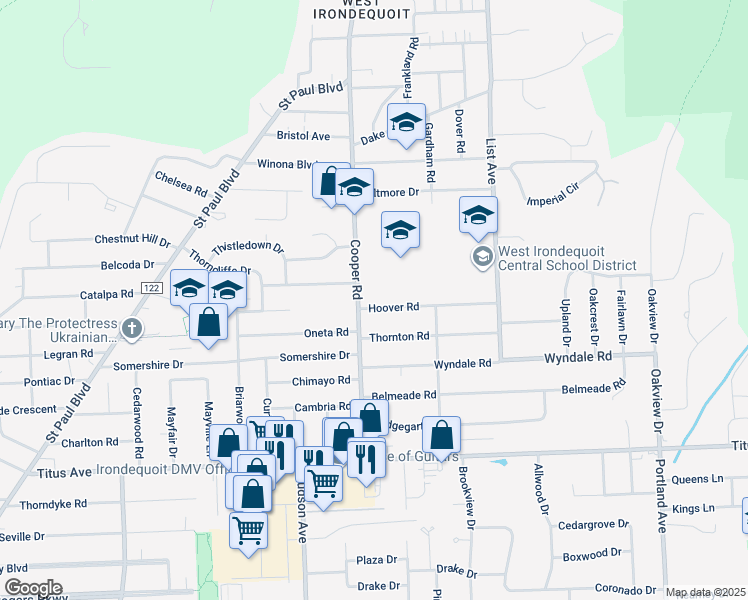 map of restaurants, bars, coffee shops, grocery stores, and more near 22 Hoover Road in Rochester
