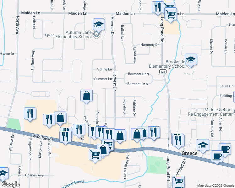map of restaurants, bars, coffee shops, grocery stores, and more near 234 Harvest Drive in Rochester