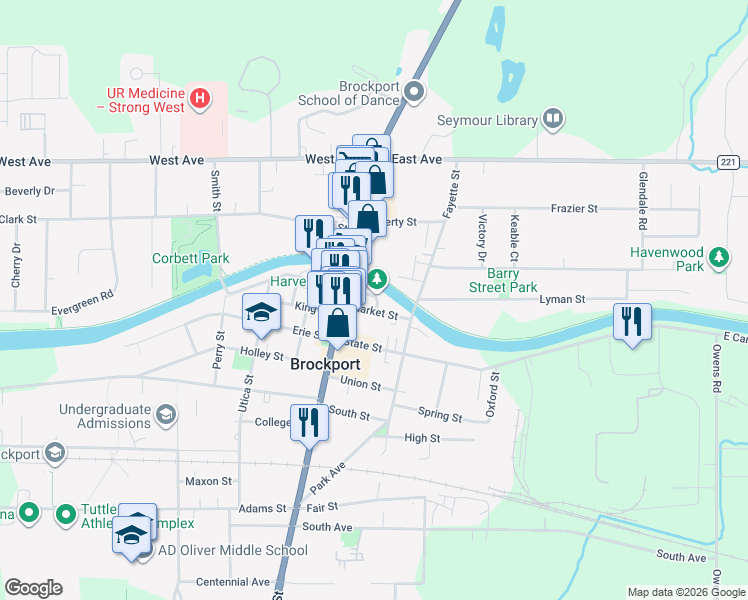 map of restaurants, bars, coffee shops, grocery stores, and more near 38 Market Street in Brockport