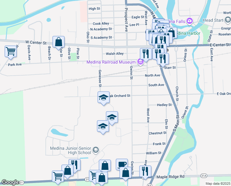 map of restaurants, bars, coffee shops, grocery stores, and more near 334 West Oak Orchard Street in Medina