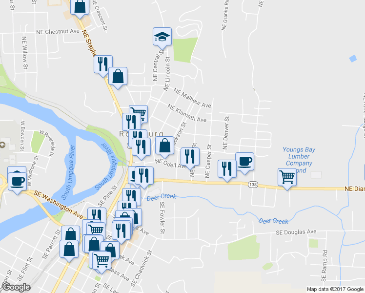 map of restaurants, bars, coffee shops, grocery stores, and more near 442 Northeast Boston Street in Roseburg