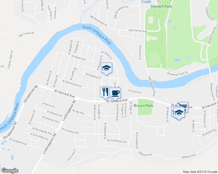 map of restaurants, bars, coffee shops, grocery stores, and more near 470 West Fair Street in Roseburg