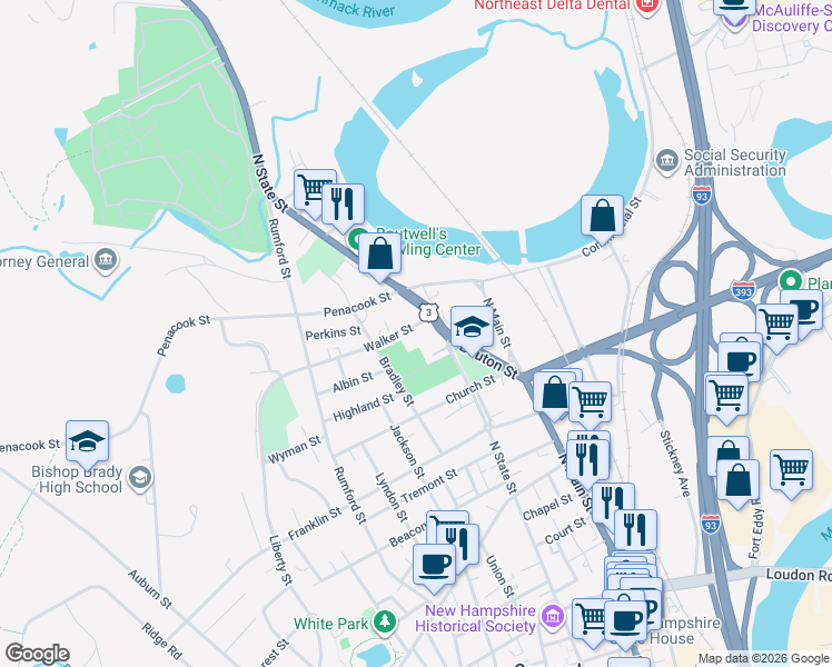map of restaurants, bars, coffee shops, grocery stores, and more near 141 North State Street in Concord