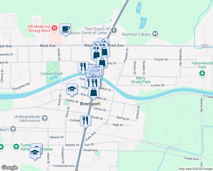 map of restaurants, bars, coffee shops, grocery stores, and more near 38 Market Street in Brockport