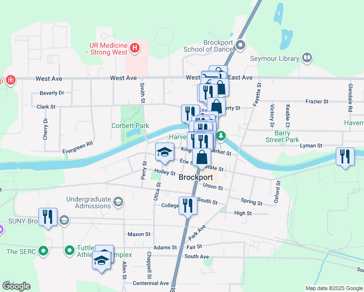 map of restaurants, bars, coffee shops, grocery stores, and more near 26 Erie Street in Brockport