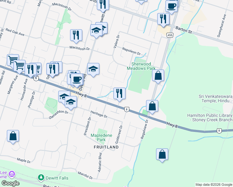 map of restaurants, bars, coffee shops, grocery stores, and more near 2 Royalwood Court in Hamilton
