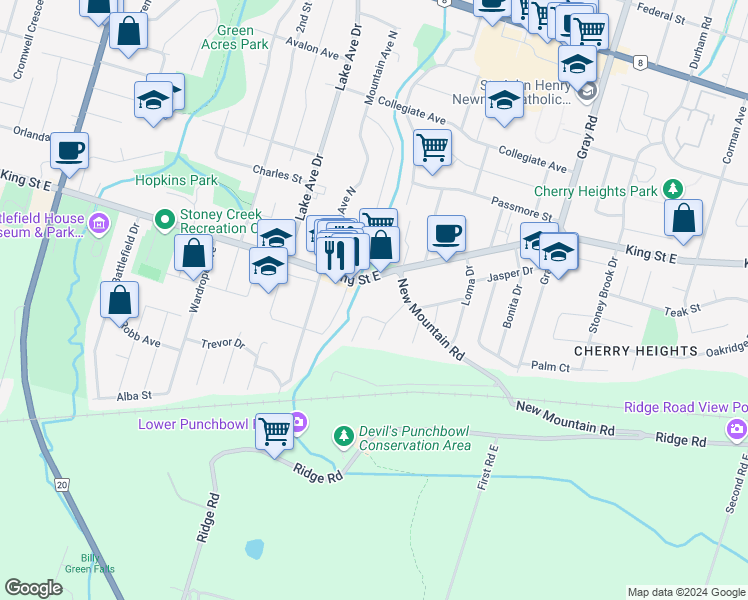 map of restaurants, bars, coffee shops, grocery stores, and more near 24 Cherrywood Drive in Hamilton