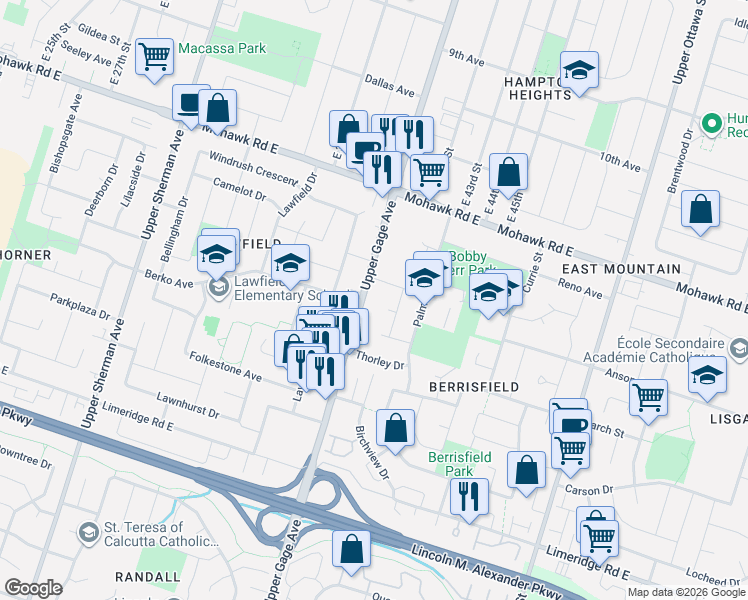 map of restaurants, bars, coffee shops, grocery stores, and more near 14 Michael Avenue in Hamilton