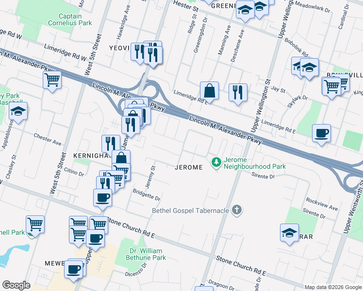 map of restaurants, bars, coffee shops, grocery stores, and more near 7 Benedict Place in Hamilton