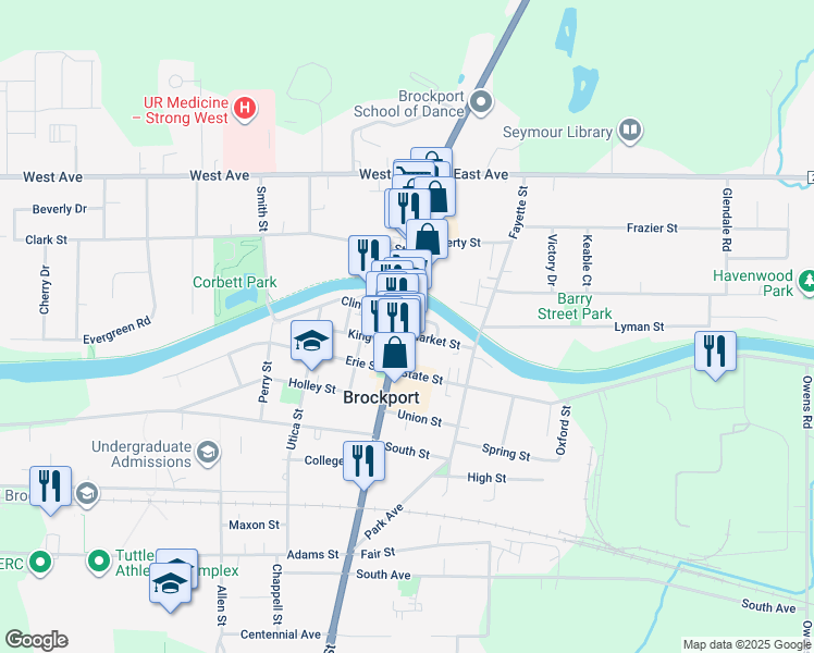 map of restaurants, bars, coffee shops, grocery stores, and more near 33/35 Main Street South in Brockport