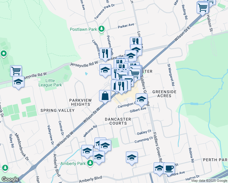 map of restaurants, bars, coffee shops, grocery stores, and more near 95 Wilson Street West in Hamilton